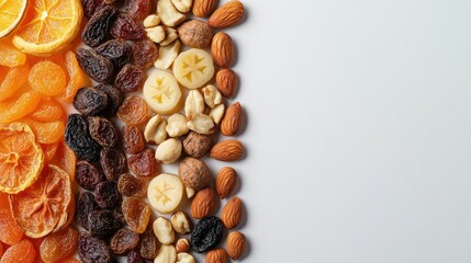 Obraz premium Dried fruit and nuts placed in geometric patterns, top view with clear copy space.