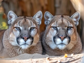 Obraz premium Two majestic pumas resting closely in their natural habitat, showcasing their strong features and captivating eyes.