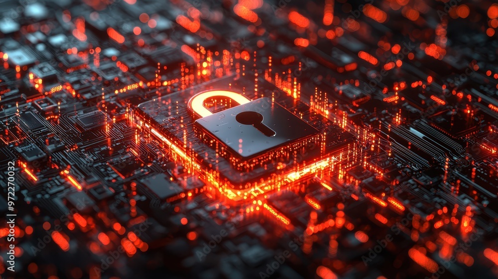 Poster digital lock protection - abstract 3d concept of cyber security and data protection in technology en