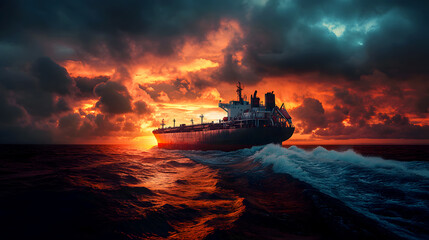 Fototapeta premium large cargo ship makes its way through the sea, the dramatic sunset reflecting off the ship’s metal surface