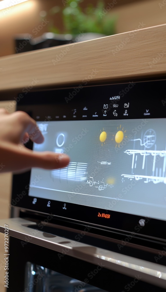 Poster interactive touchscreen display on dishwashing machine showing energy usage and environmental impact