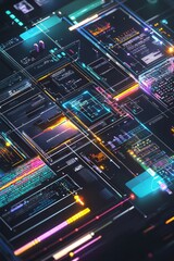 Obraz premium A cross-platform integration concept featuring synchronized business applications and data. The scene includes a central control panel managing interactions between different software platforms, Gener