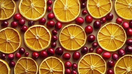 Dried orange slices and cranberries arranged in rows, top view with open copy space
