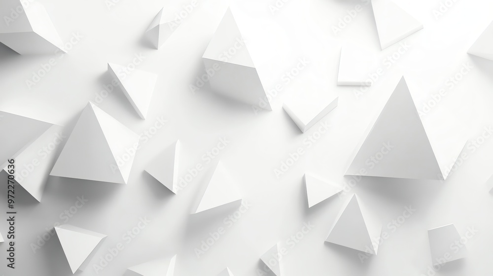 Poster abstract geometric background with white pyramids and cubes on a white surface.