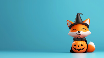 Obraz premium A cheerful fox in a witch hat with a pumpkin, perfect for Halloween decorations and playful autumn themes.