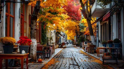 Fototapeta premium Cobblestone Street in Autumn with Golden Leaves