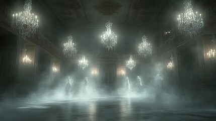 A ghostly ballroom with chandeliers and spectral dancers, ideal for a Halloween backdrop selective focus, haunted elegance realistic, ethereal Overlay Ballroom backdrop