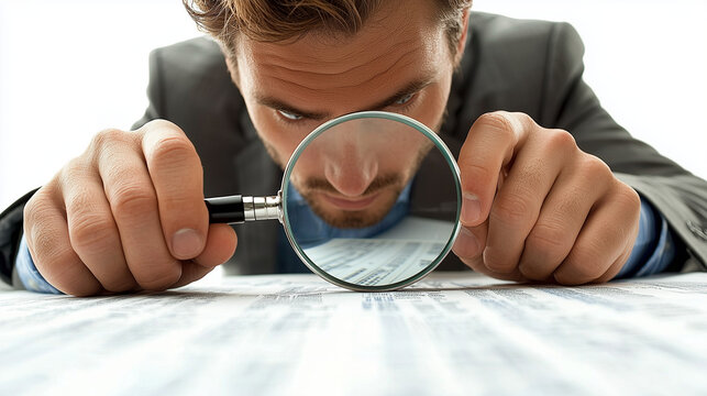 A businessman analyzing a large financial report with a magnifying glass, isolated on a white background