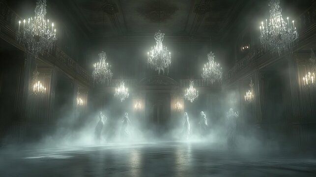 A ghostly ballroom with chandeliers and spectral dancers, ideal for a Halloween backdrop selective focus, haunted elegance realistic, ethereal Overlay Ballroom backdrop