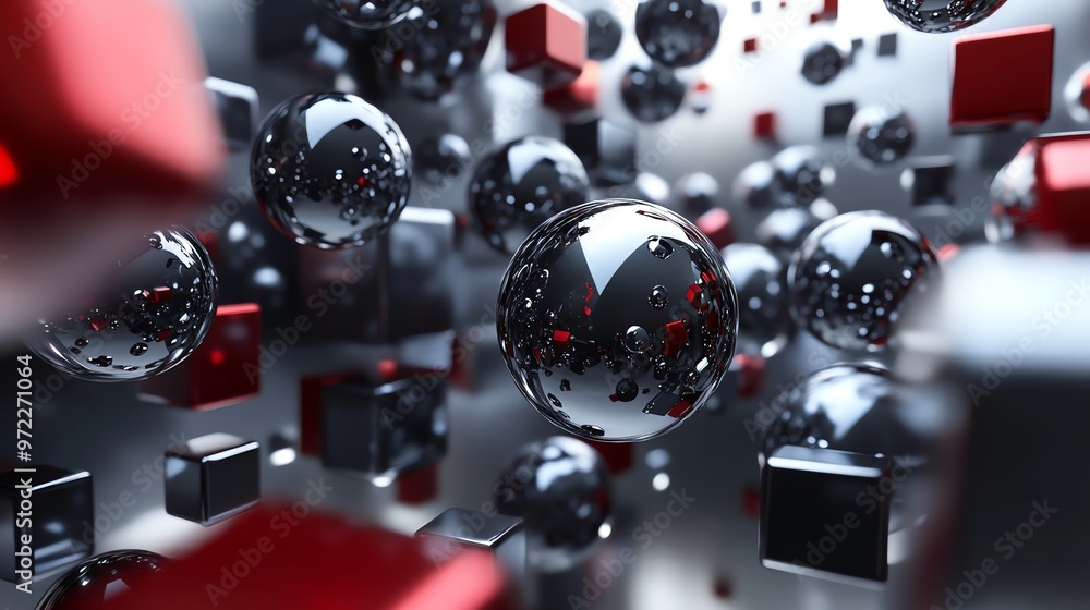 Poster abstract background with chrome spheres and red and black cubes.