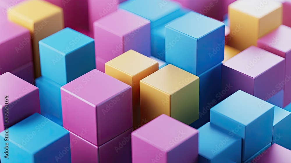 Poster floating 3d cubes showing business cost categories in layers, with space for copy.