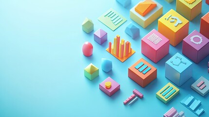 Floating 3D icons and cubes representing a business cost breakdown, top view, copy space.