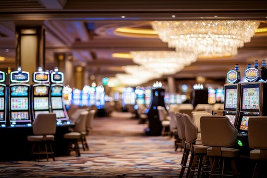 Vibrant casino interior featuring illuminated slot machines and elegant chandeliers, creating a lively gaming atmosphere.