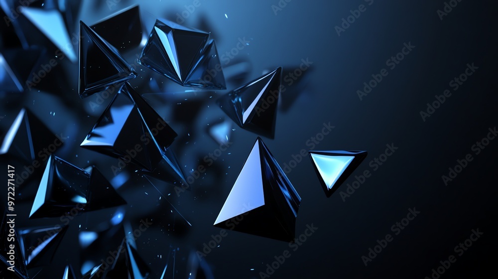 Poster abstract background with blue pyramids floating.