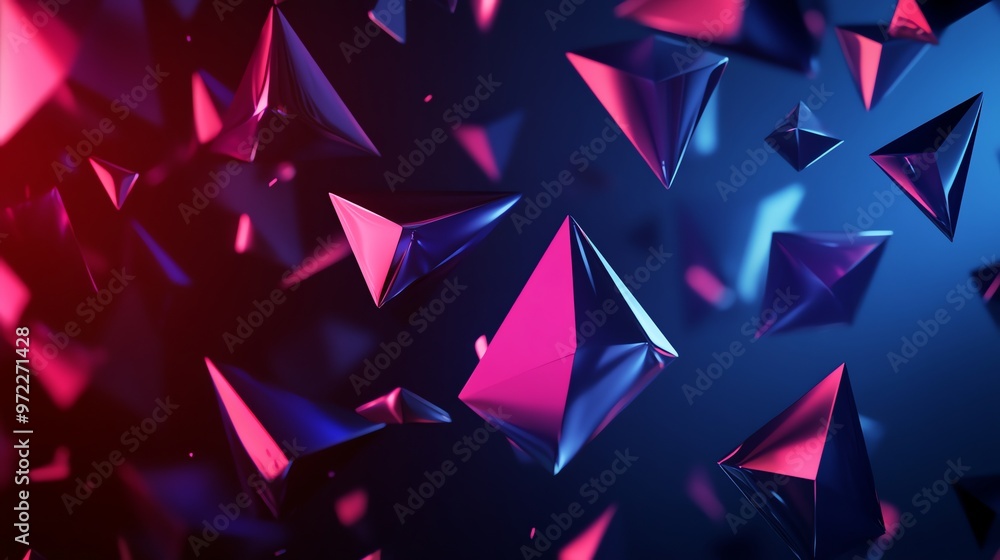 Poster abstract background of floating iridescent geometric shapes with neon lighting.