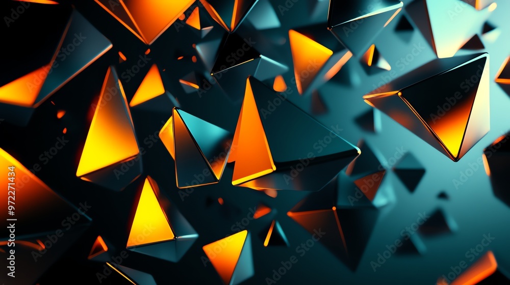Poster abstract 3d render of metallic pyramids with glowing edges.