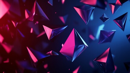 Abstract background of floating iridescent geometric shapes with neon lighting.