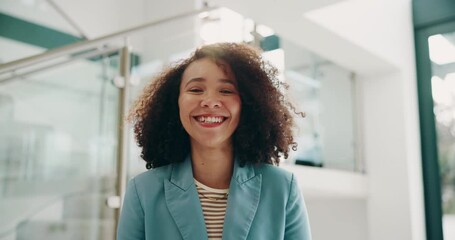 African woman, face and creative with smile at office in confidence for affirmative action with positive attitude. Portrait, happy person and reporter employee in business press at news startup