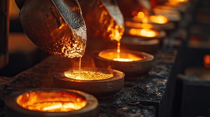 Jewelry casting process molten metal being poured into molds under glowing light in an industrial workshop detailed and dramatic