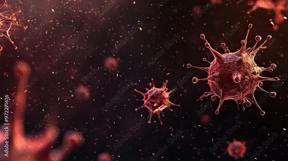 Poster floating virus cells in a 3d style, isolated with plenty of space for text.