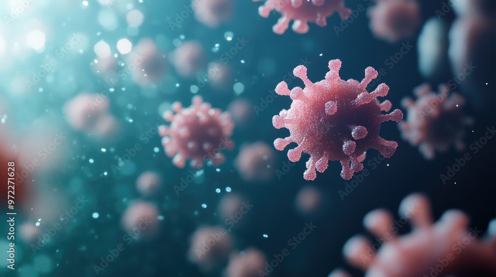 Poster floating virus cells in a 3d style, isolated with plenty of space for text.