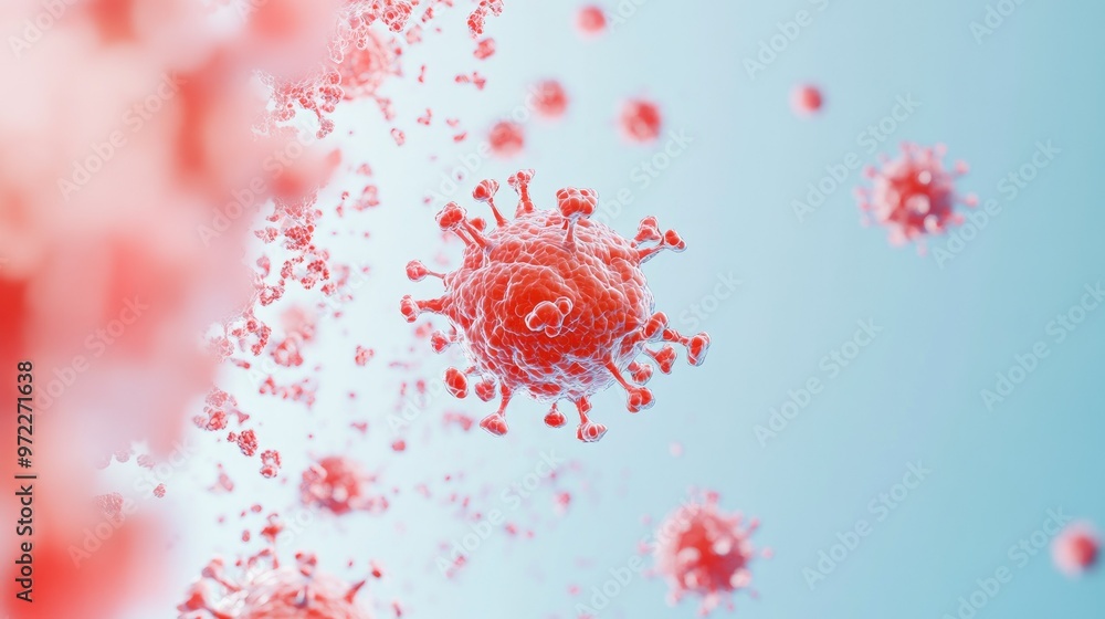 Poster floating virus cells in a 3d style, isolated with plenty of space for text.