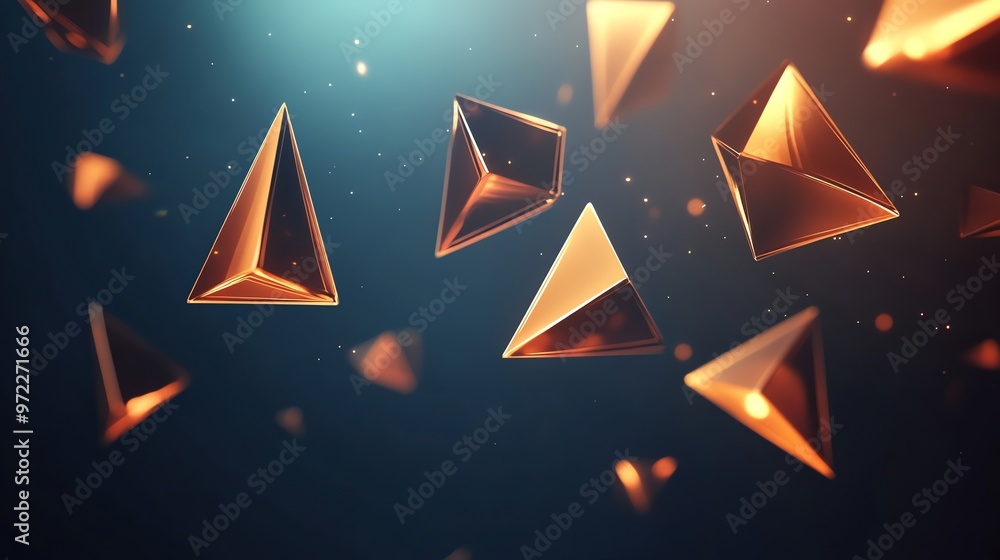 Poster abstract 3d rendering of metallic, glowing pyramids on a blue background.