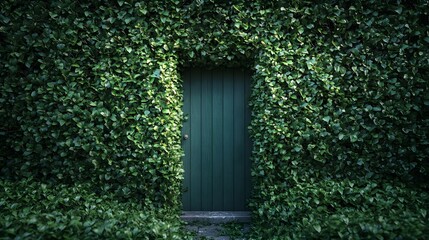 Green Door Hidden in Lush Foliage, Secluded Entrance, Secret Garden, Mystery, Enchanting, Nature, Green Wall, Entranceway, Dreamy, Green Leaves, Tranquil, Hidden Path, Greenery, Overgrown Entrance.