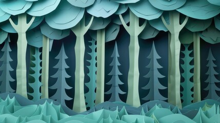 Obraz premium A paper forest background with only trees. The trees are made from folded and cut paper, with intricate details and layered textures.