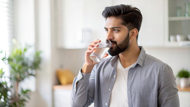 Indian man taking a drink of water.
- Powered by Adobe