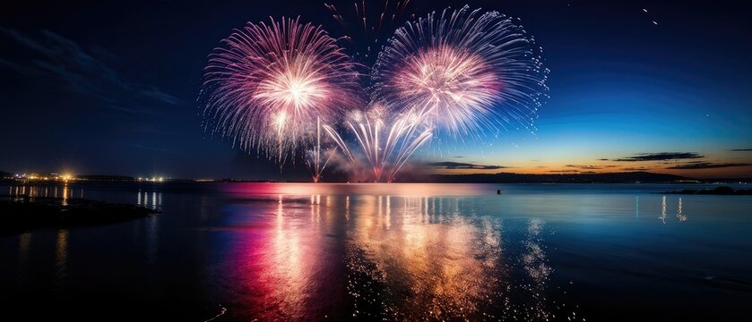 Fireworks over water at night