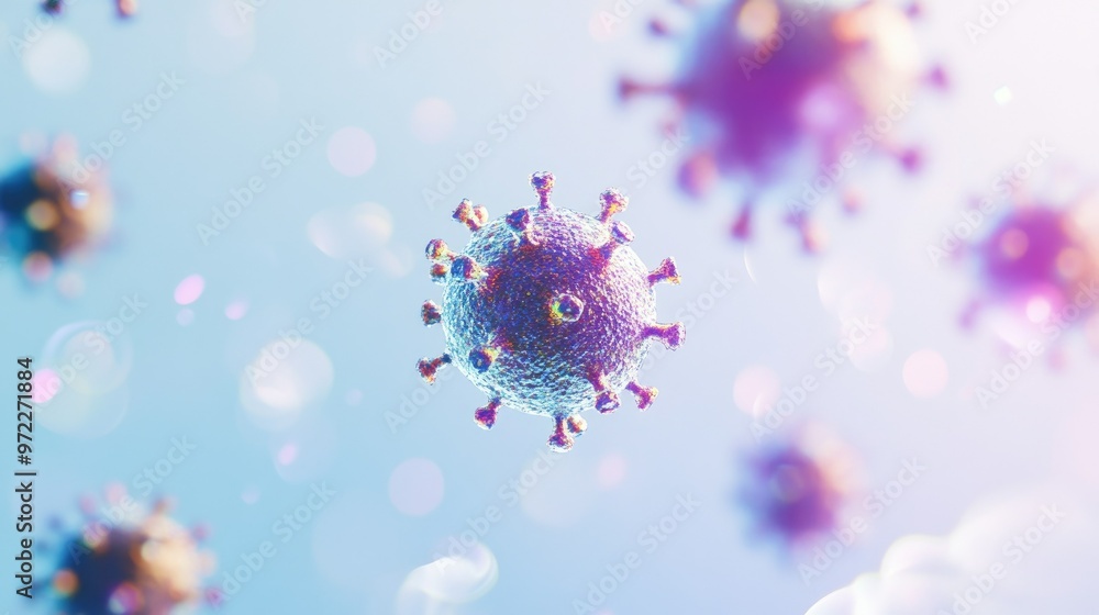 Poster floating virus particles on a clean background, isolated with copy space.