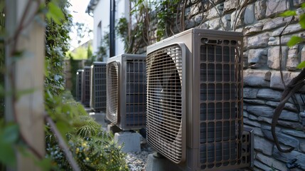 Outdoor Air Conditioner Units Against a Stone Wall