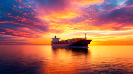 large cargo ship sails smoothly across a calm ocean, silhouetted against a stunning sunset