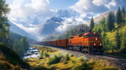 Obraz premium Freight Train Traveling Through a Mountain Valley with a River and Snow-Capped Peaks in the Background.