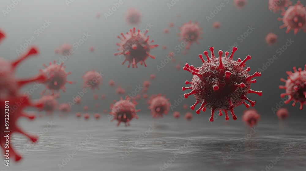 Poster floating virus particles on a grey surface, isolated with space for text.