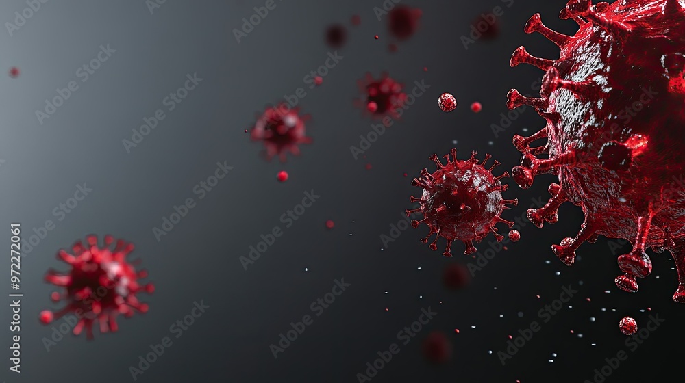Poster floating virus particles on a grey surface, isolated with space for text.