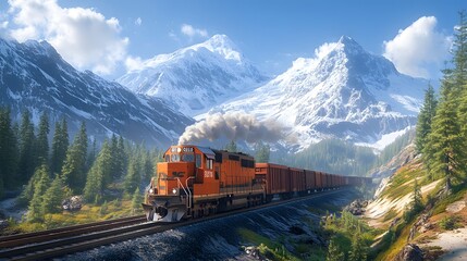 Obraz premium Freight Train in a Dramatic Mountain Landscape with Snow-Covered Peaks and Lush Green Forest - Digital Illustration.