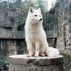 Obraz premium A charming white fox perched on a stone pedestal, showcasing its fluffy fur and alert expression in a serene, natural setting.