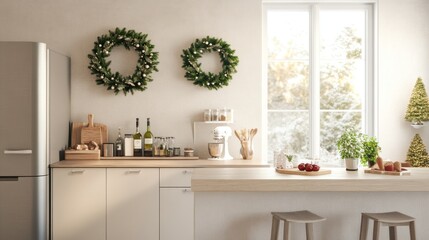 A cozy kitchen with festive wreaths, a sunny window, and fresh ingredients.