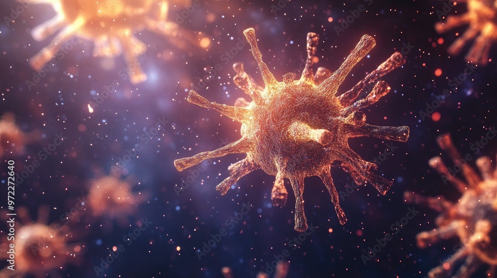 Poster microscopic view of virus particles floating in the air, with room for text.