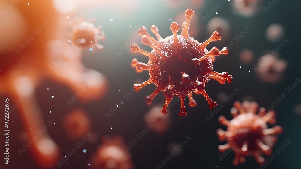 Poster microscopic view of virus particles floating in the air, with room for text.