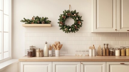 Fototapeta premium Cozy kitchen decorated for the holidays with greenery and organized ingredients.