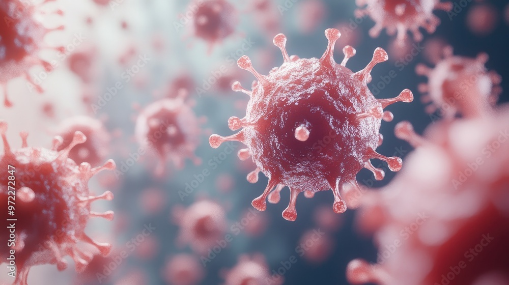 Poster microscopic virus particles floating on a neutral surface, room for text included.