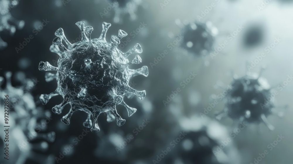 Poster microscopic virus particles floating on a neutral surface, room for text included.