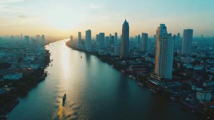 A high-altitude view over Bangkok, showcasing the skyline where towering