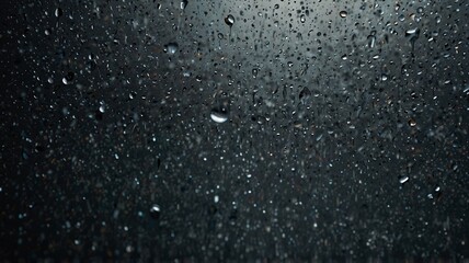 Raindrops settle on a dark reflective surface creating a calming natural scene with droplets enhancing its beauty.