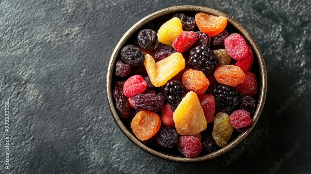Poster mixed dried fruits and berries displayed in a small bowl, top view with ample copy space.