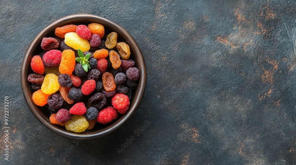 Poster mixed dried fruits and berries displayed in a small bowl, top view with ample copy space.