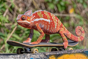 Fototapeta premium A colorful chameleon skateboarding, showcasing its vibrant colors and unique texture in a playful outdoor setting.